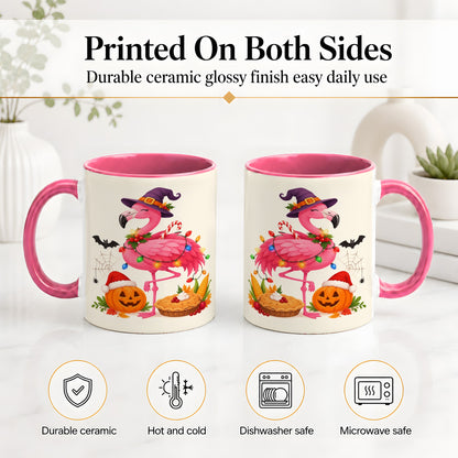 #pl[11oz|Pink] Festive Flamingo Accent Mug, Mug with Holiday Pumpkin Artwork
