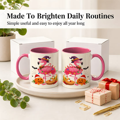 #pl[11oz|Pink] Festive Flamingo Accent Mug, Mug with Holiday Pumpkin Artwork