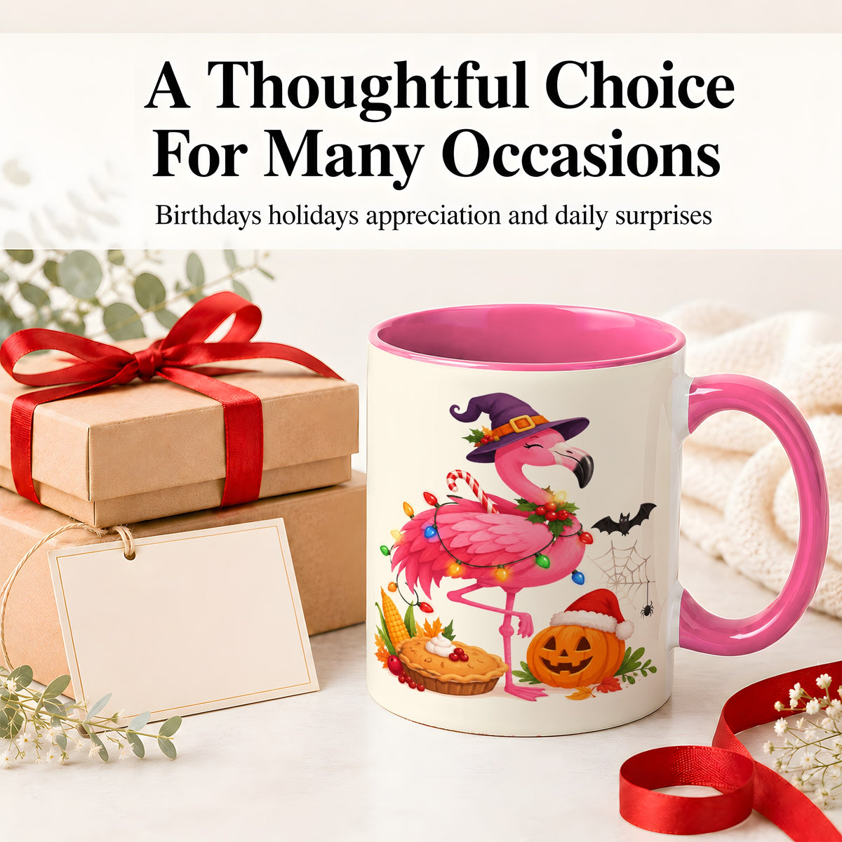 #pl[11oz|Pink] Festive Flamingo Accent Mug, Mug with Holiday Pumpkin Artwork