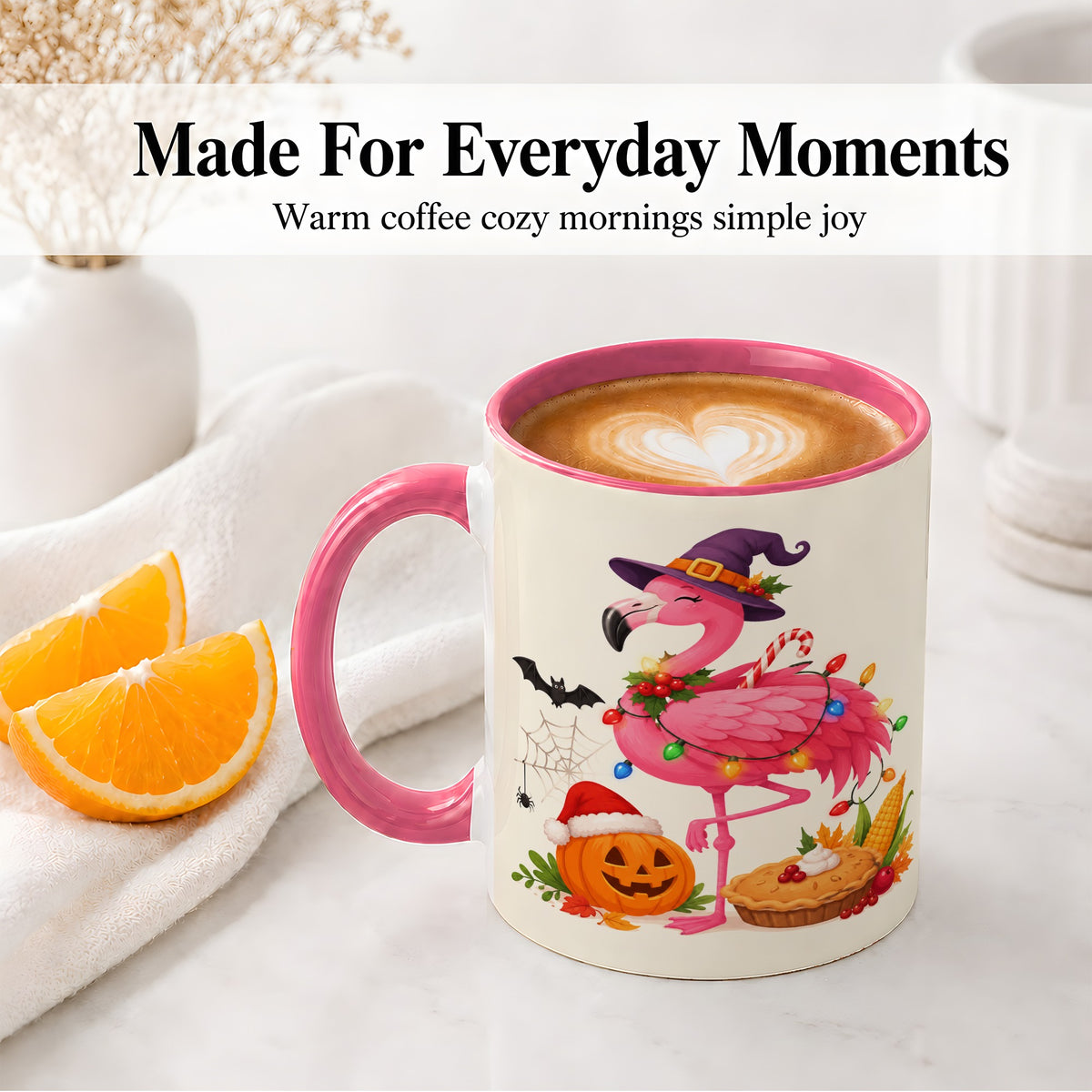 #pl[11oz|Pink] Festive Flamingo Accent Mug, Mug with Holiday Pumpkin Artwork