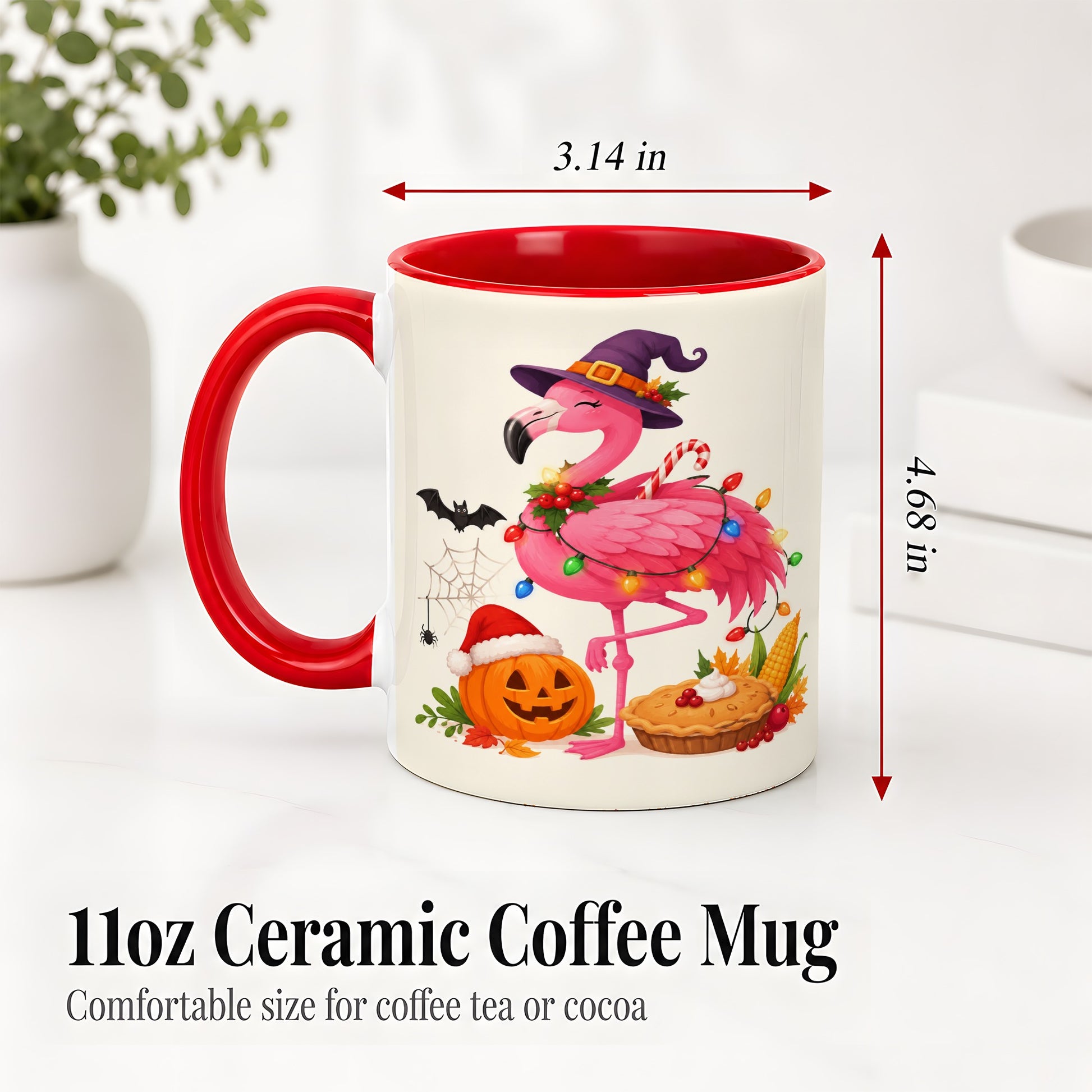 #pl[11oz|Red] Festive Flamingo Accent Mug, Mug with Holiday Pumpkin Artwork