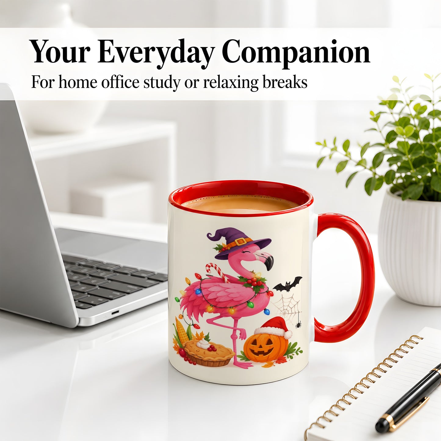 #pl[11oz|Red] Festive Flamingo Accent Mug, Mug with Holiday Pumpkin Artwork