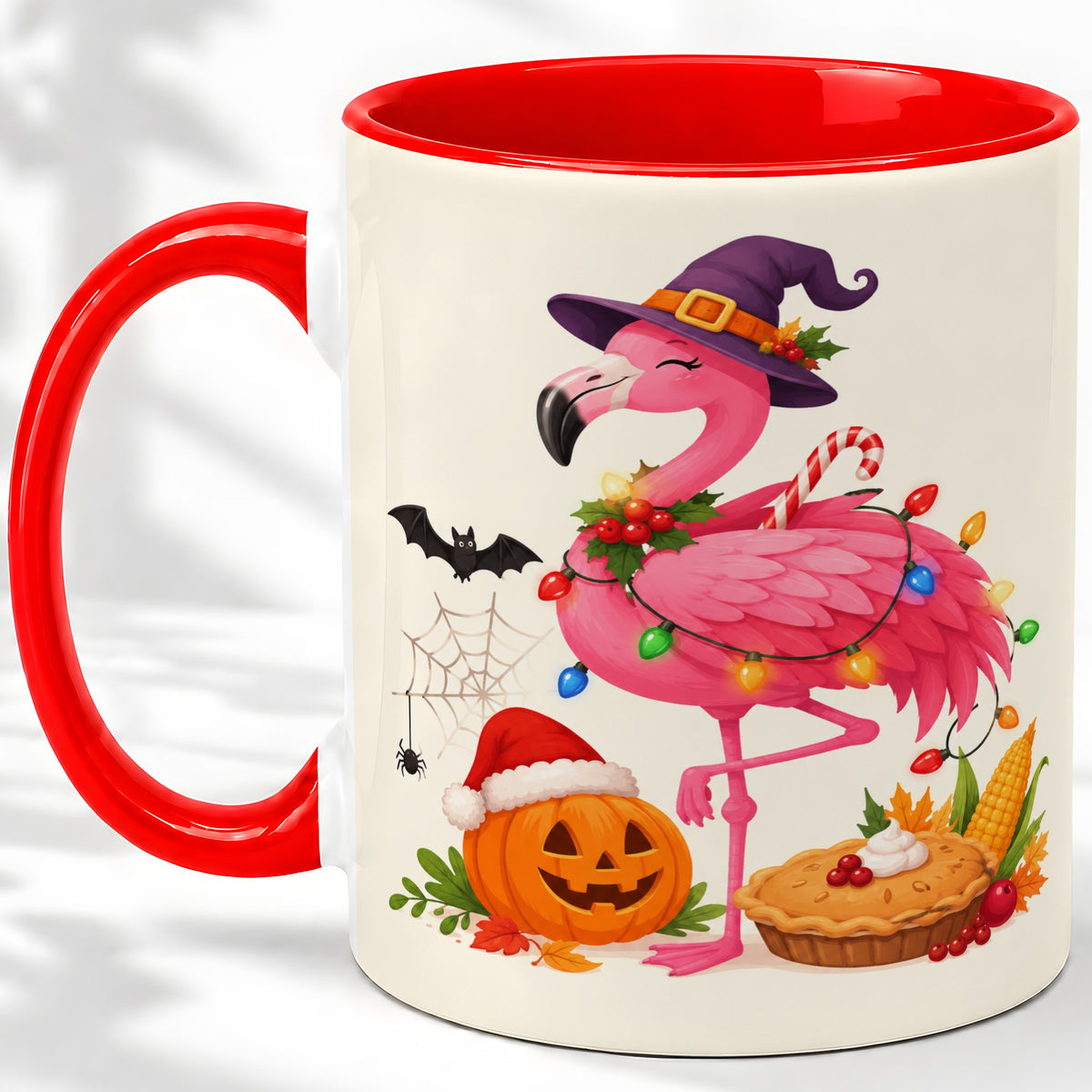 Festive Flamingo Accent Mug, Mug with Holiday Pumpkin Artwork