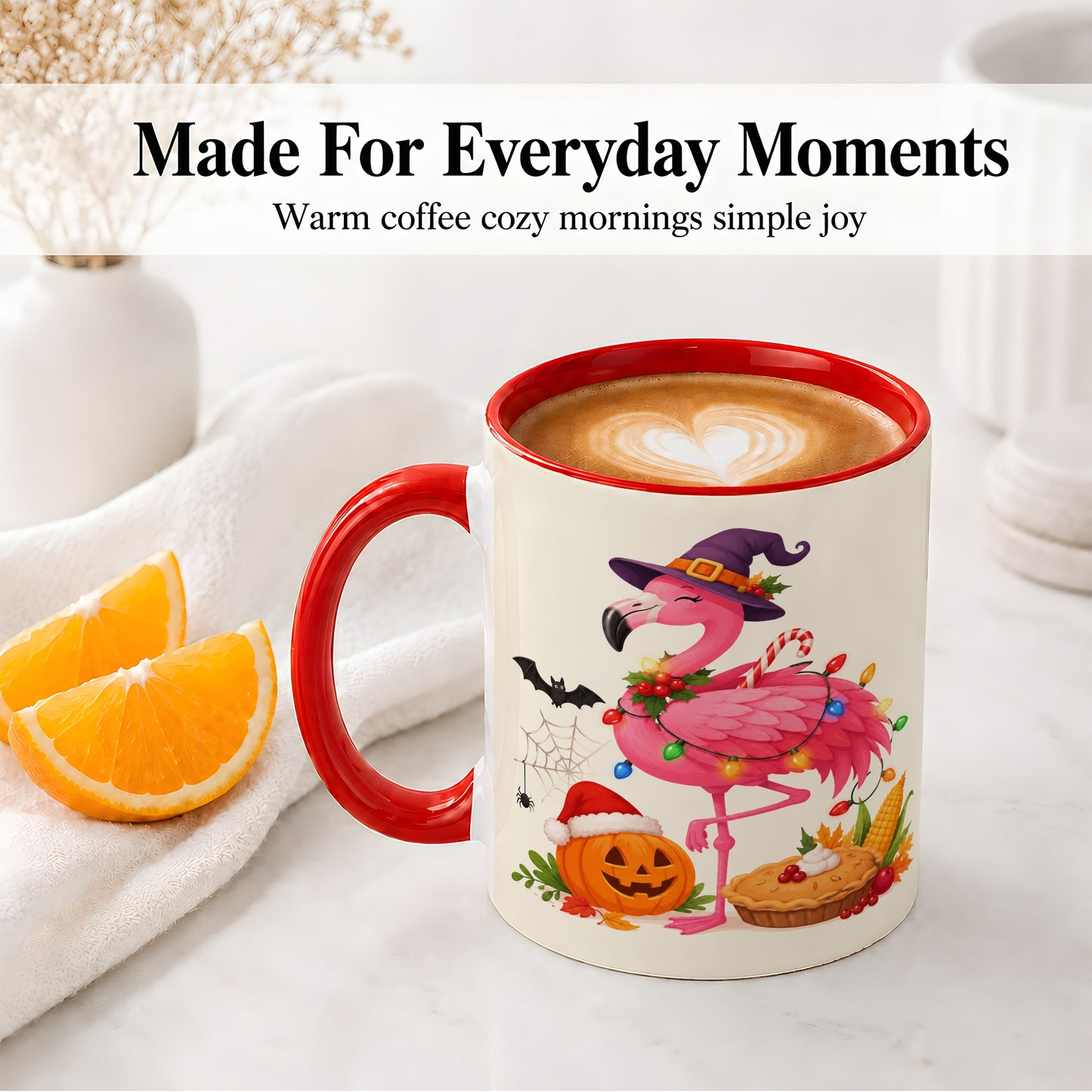 #pl[11oz|Red] Festive Flamingo Accent Mug, Mug with Holiday Pumpkin Artwork