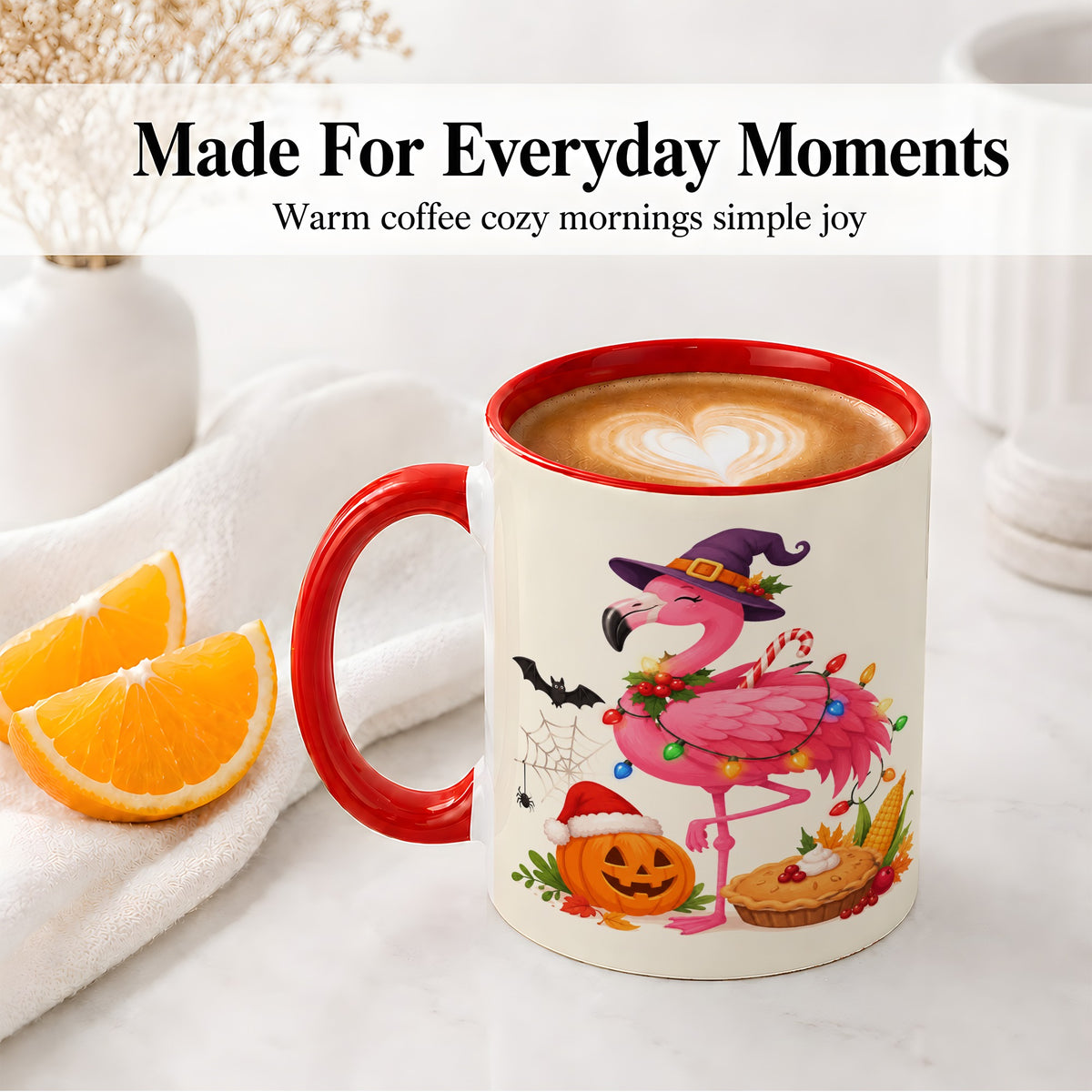 #pl[11oz|Red] Festive Flamingo Accent Mug, Mug with Holiday Pumpkin Artwork