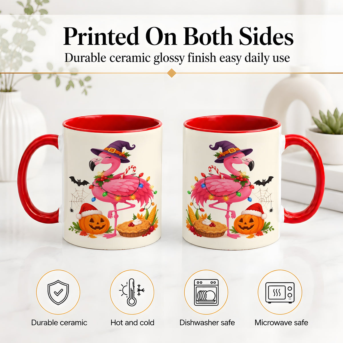 #pl[11oz|Red] Festive Flamingo Accent Mug, Mug with Holiday Pumpkin Artwork