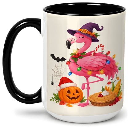 #pl[15oz|Black] Festive Flamingo Accent Mug, Mug with Holiday Pumpkin Artwork