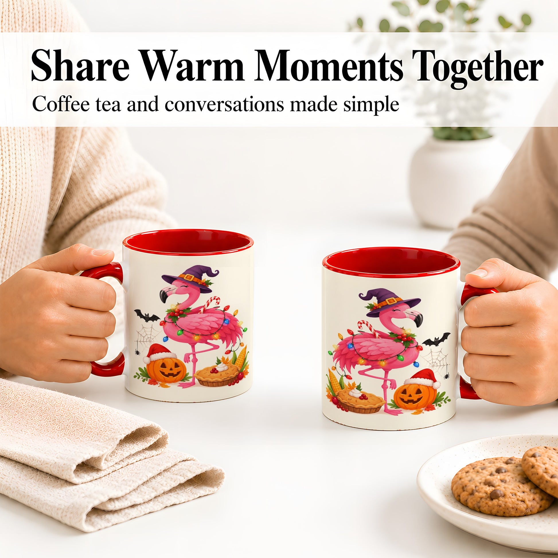 #pl[11oz|Red] Festive Flamingo Accent Mug, Mug with Holiday Pumpkin Artwork