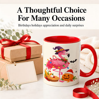 #pl[11oz|Red] Festive Flamingo Accent Mug, Mug with Holiday Pumpkin Artwork