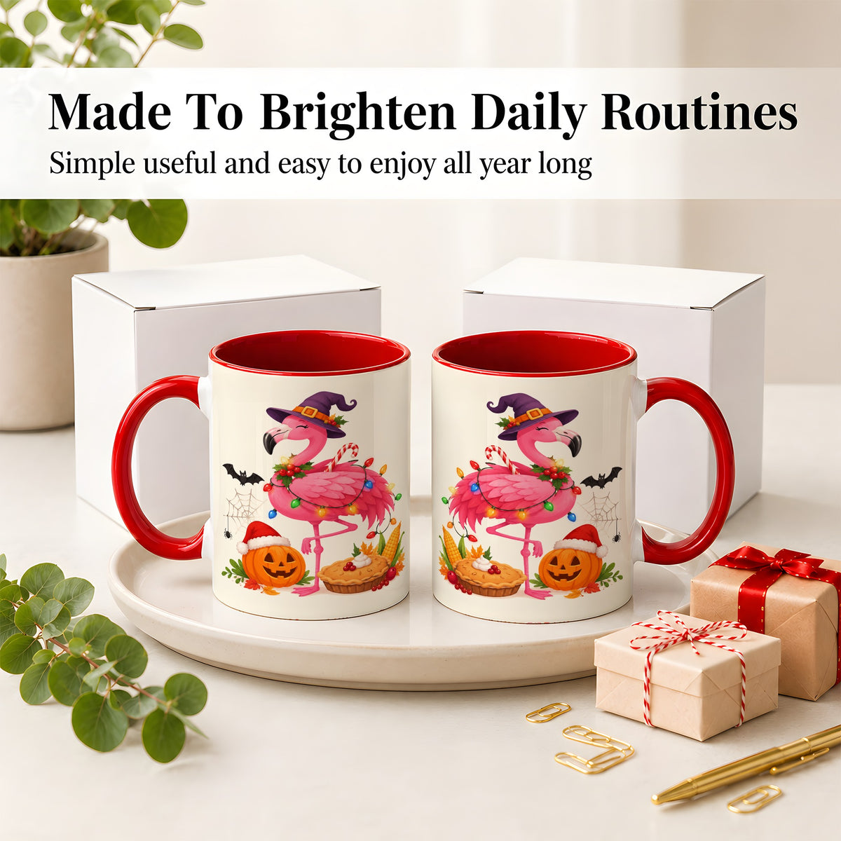 #pl[11oz|Red] Festive Flamingo Accent Mug, Mug with Holiday Pumpkin Artwork