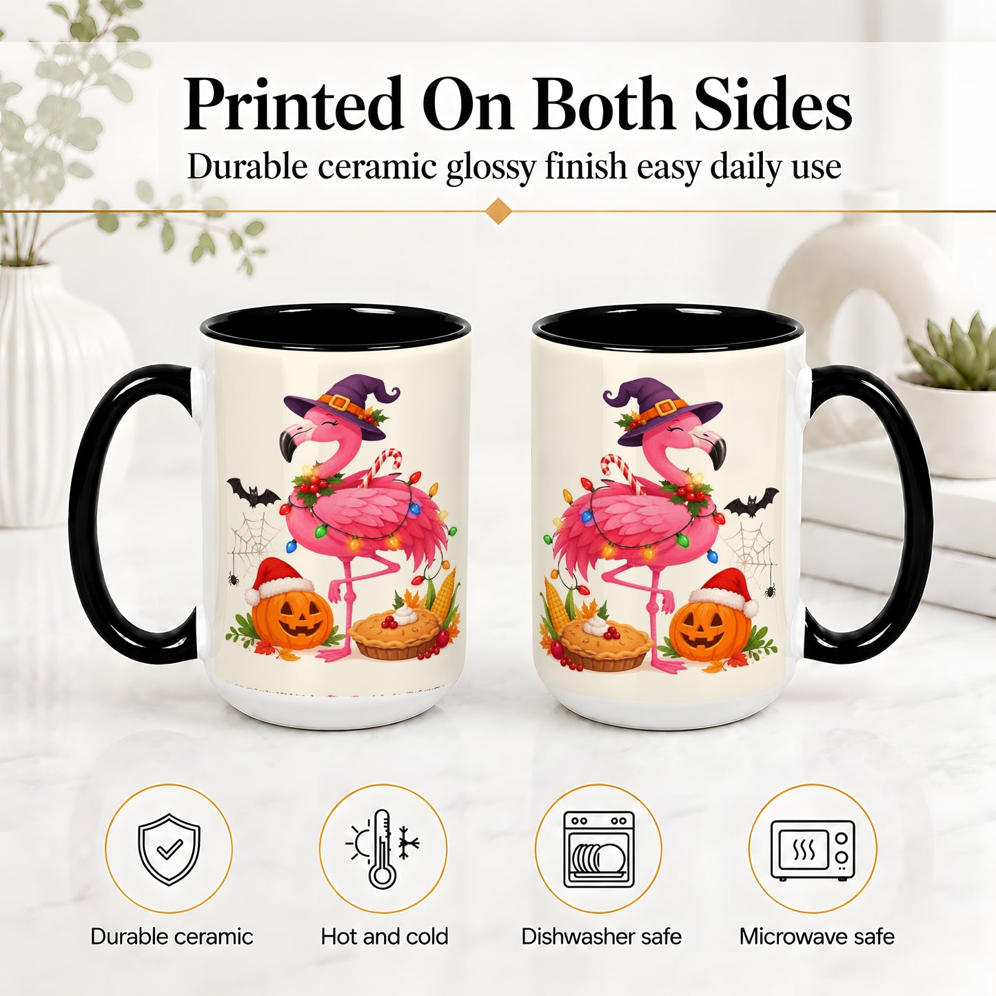 #pl[15oz|Black] Festive Flamingo Accent Mug, Mug with Holiday Pumpkin Artwork