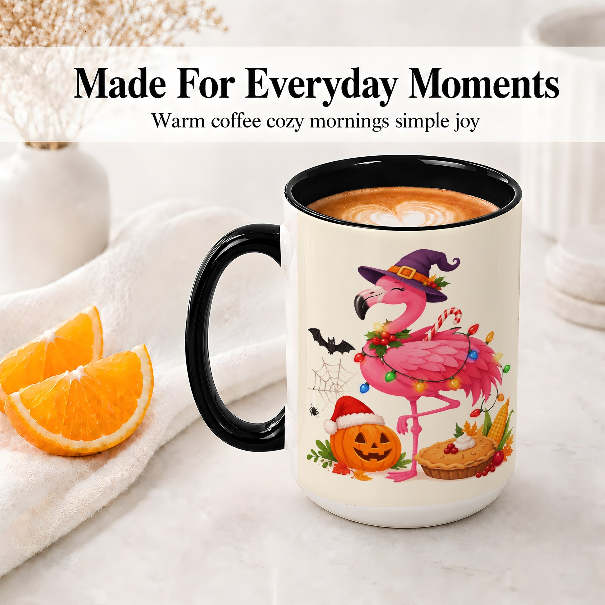 #pl[15oz|Black] Festive Flamingo Accent Mug, Mug with Holiday Pumpkin Artwork