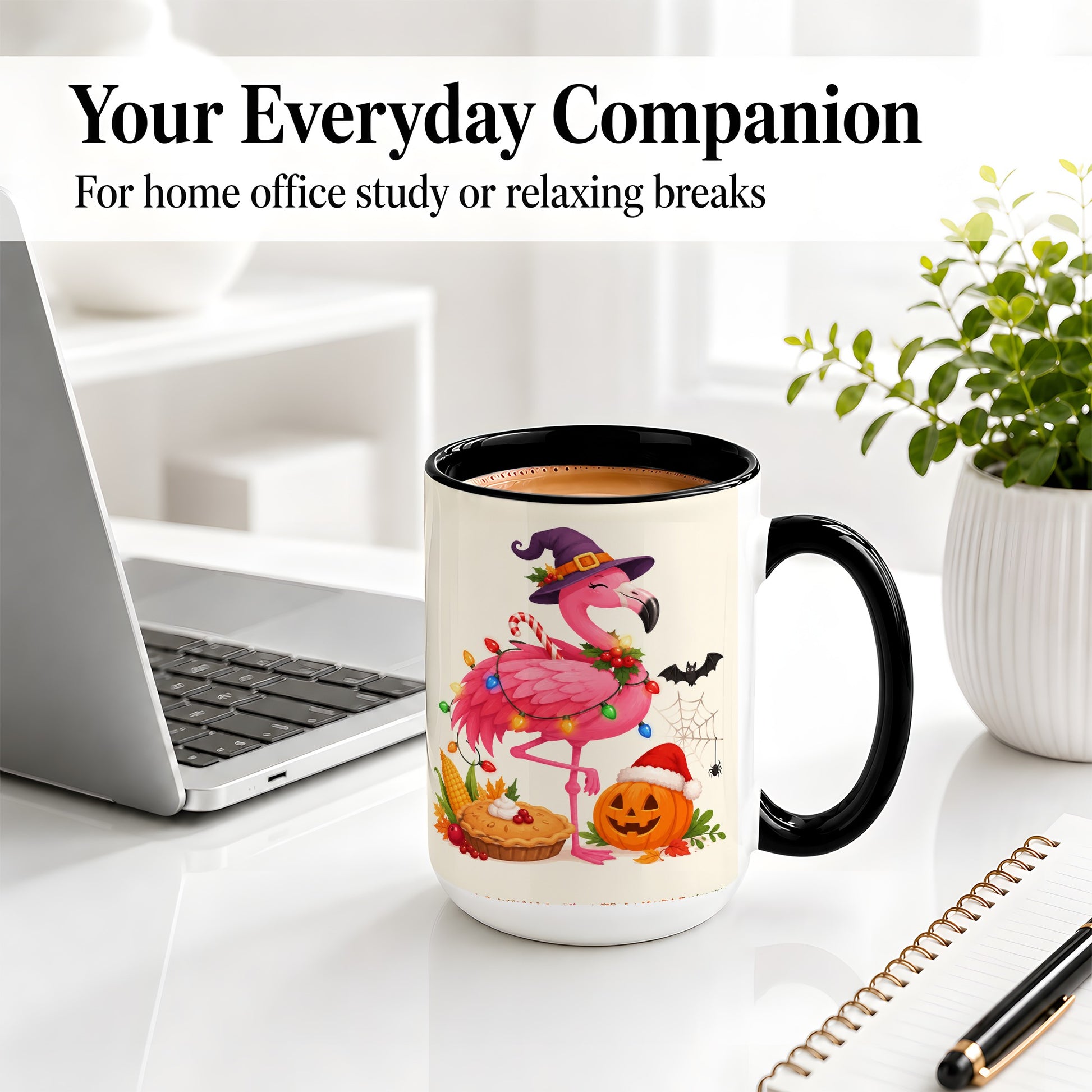 #pl[15oz|Black] Festive Flamingo Accent Mug, Mug with Holiday Pumpkin Artwork