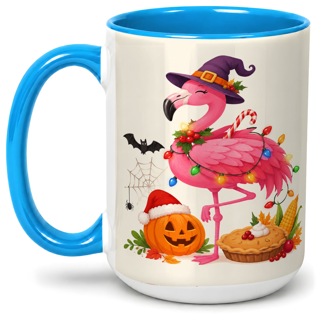 #pl[15oz|Blue] Festive Flamingo Accent Mug, Mug with Holiday Pumpkin Artwork
