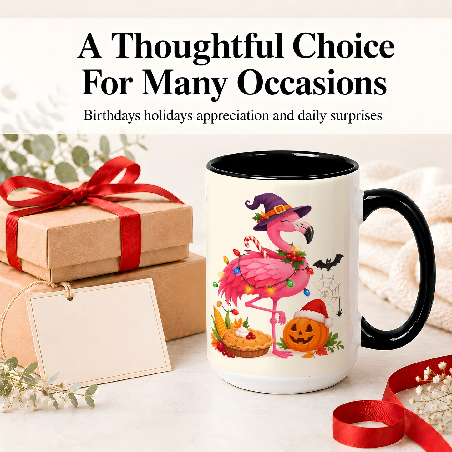 #pl[15oz|Black] Festive Flamingo Accent Mug, Mug with Holiday Pumpkin Artwork