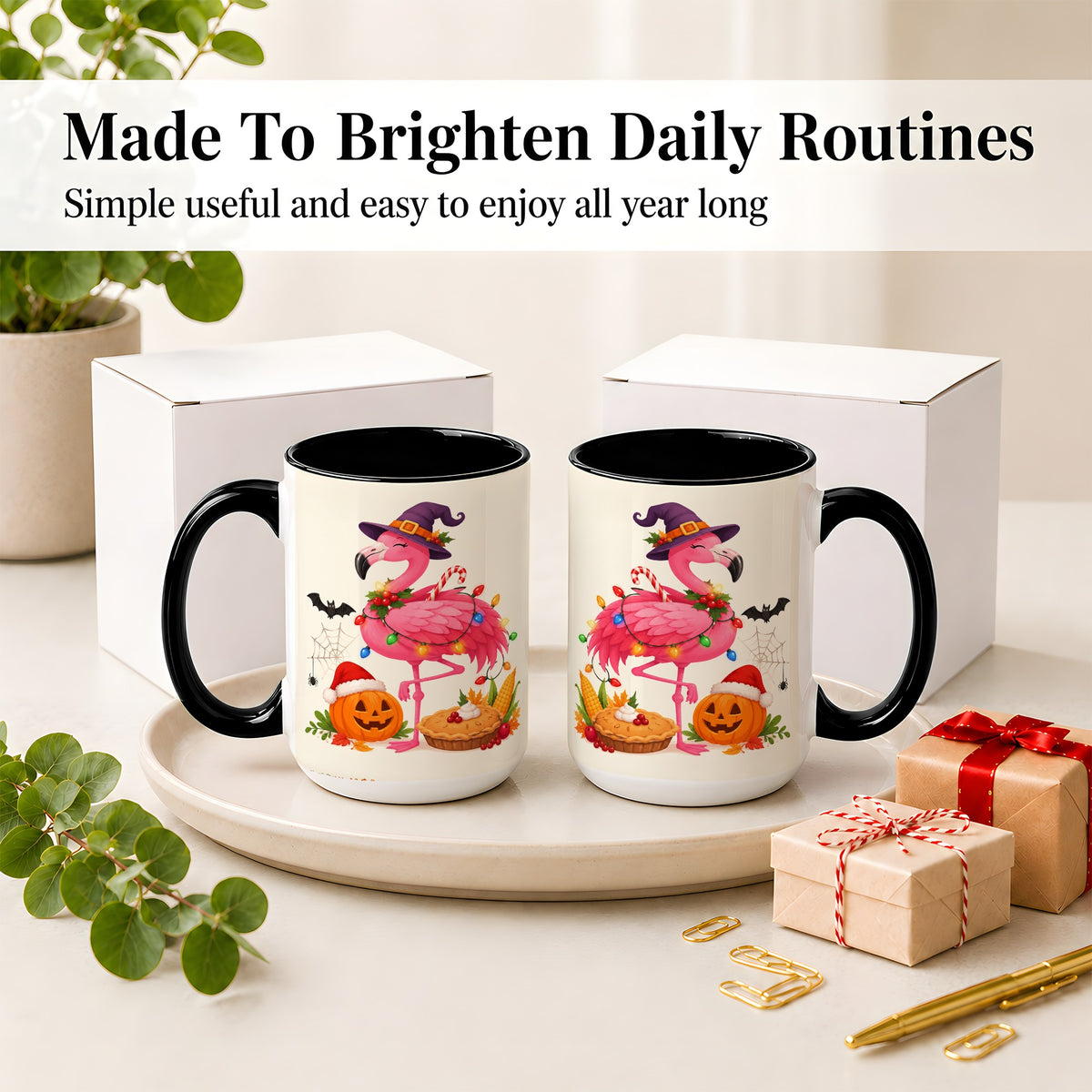 #pl[15oz|Black] Festive Flamingo Accent Mug, Mug with Holiday Pumpkin Artwork
