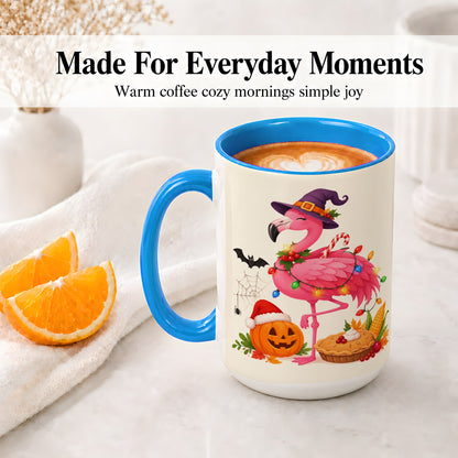 #pl[15oz|Blue] Festive Flamingo Accent Mug, Mug with Holiday Pumpkin Artwork