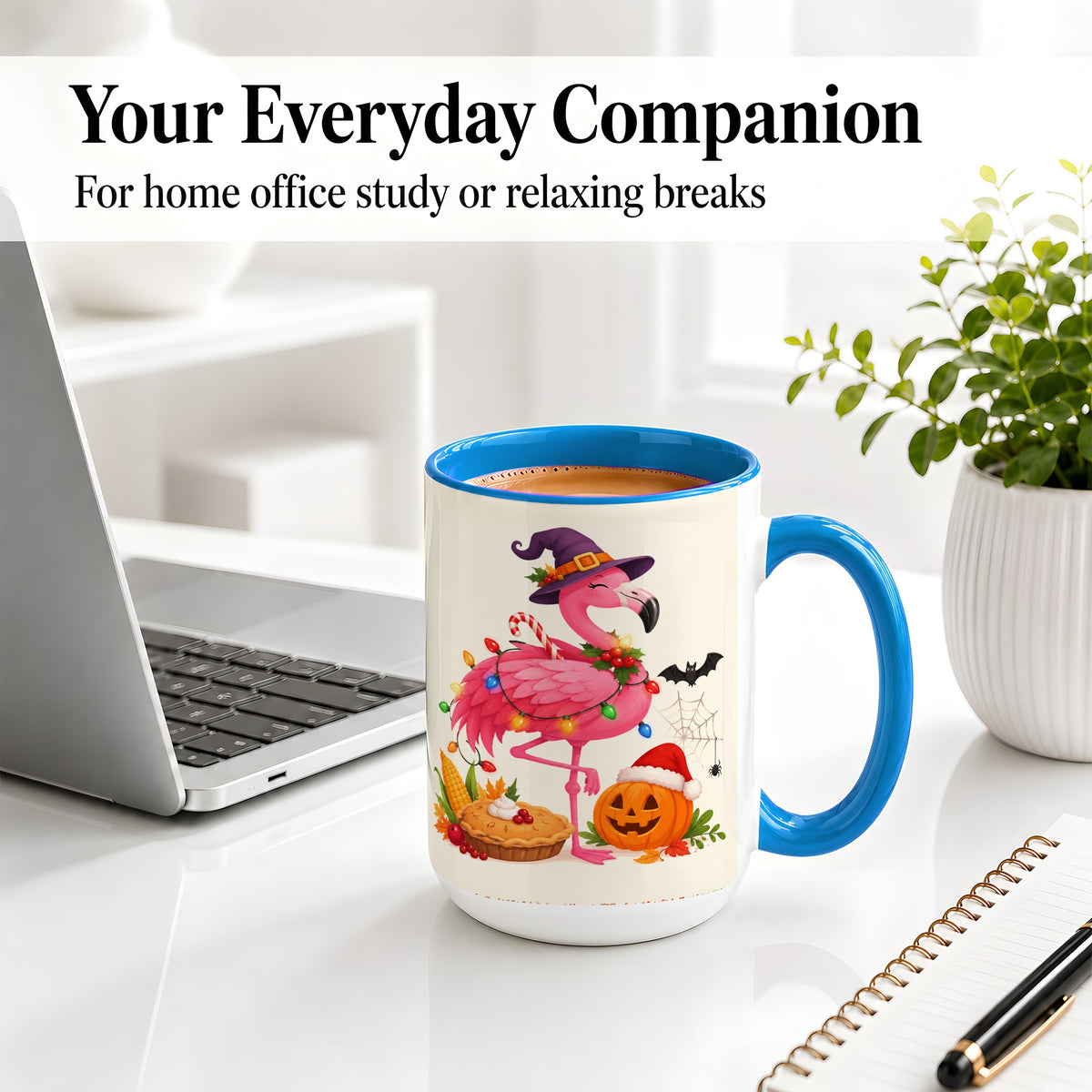 #pl[15oz|Blue] Festive Flamingo Accent Mug, Mug with Holiday Pumpkin Artwork