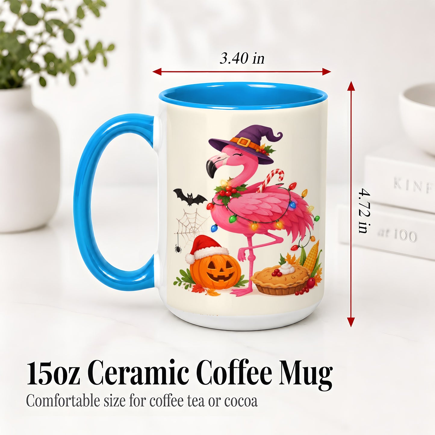 #pl[15oz|Blue] Festive Flamingo Accent Mug, Mug with Holiday Pumpkin Artwork