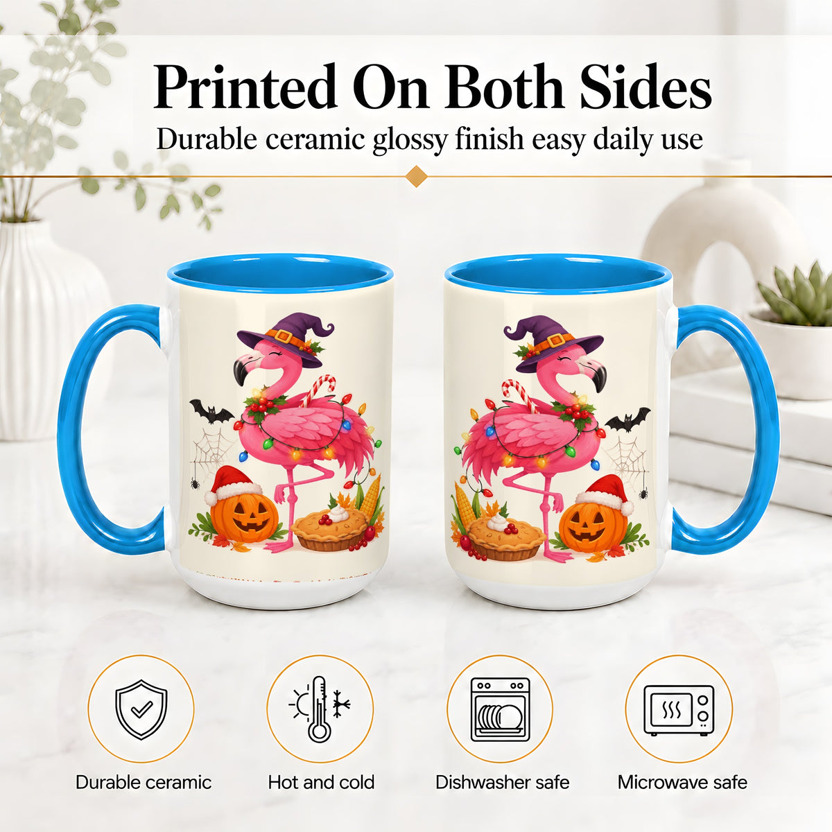 #pl[15oz|Blue] Festive Flamingo Accent Mug, Mug with Holiday Pumpkin Artwork