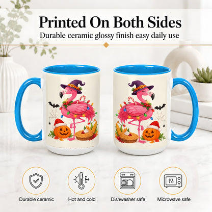 #pl[15oz|Blue] Festive Flamingo Accent Mug, Mug with Holiday Pumpkin Artwork