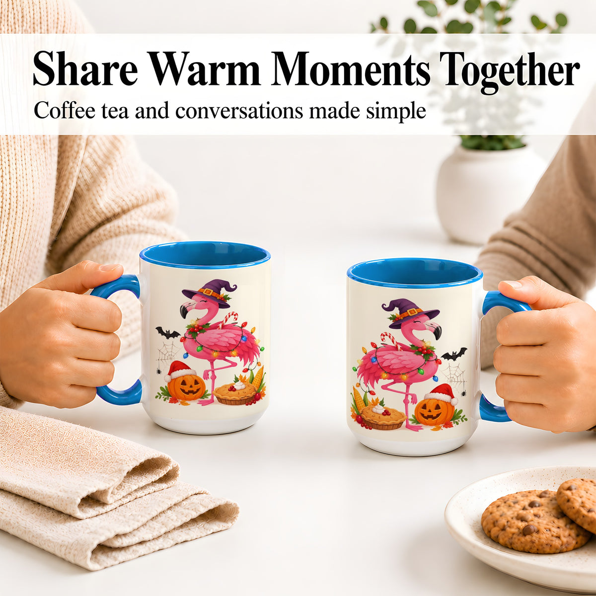 #pl[15oz|Blue] Festive Flamingo Accent Mug, Mug with Holiday Pumpkin Artwork