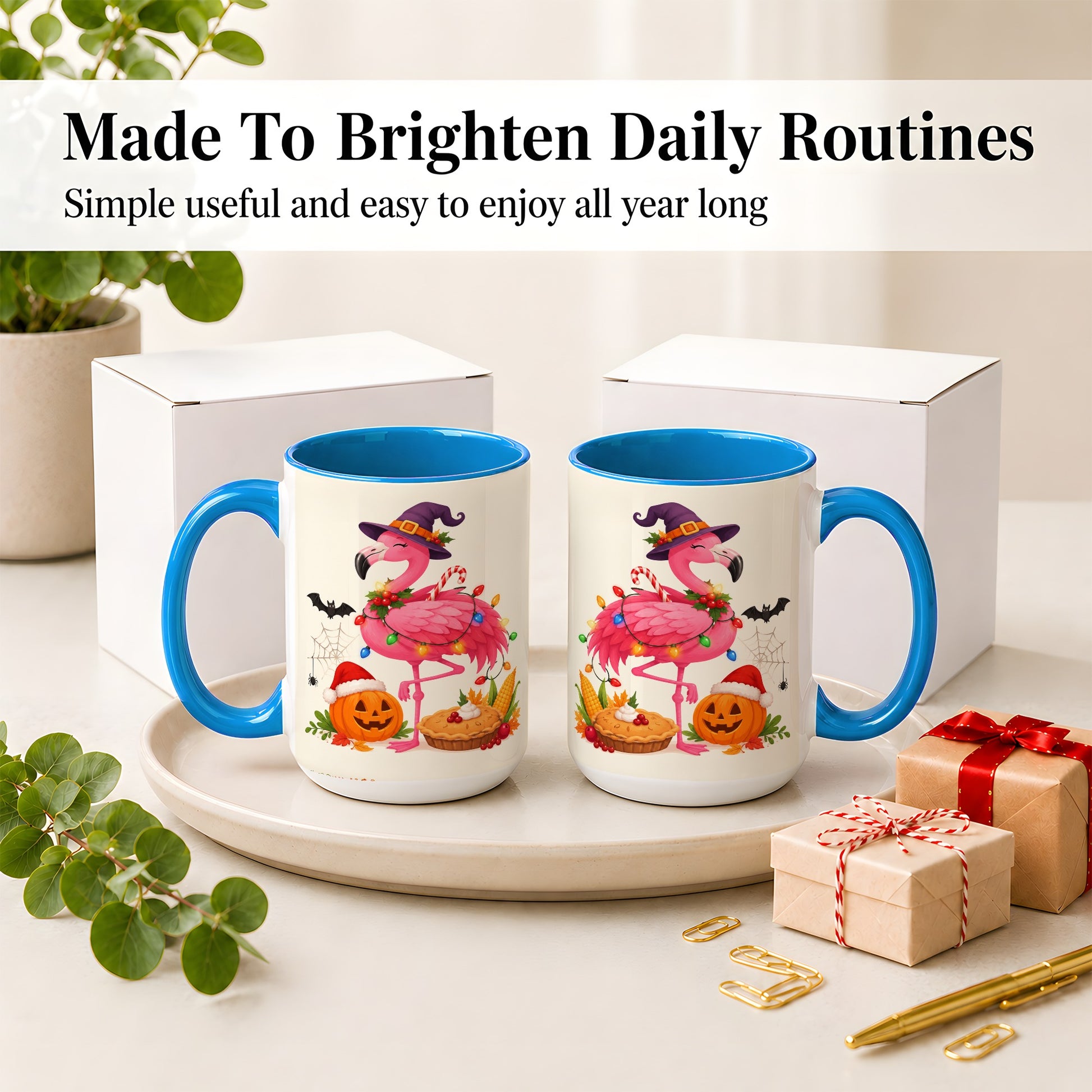 #pl[15oz|Blue] Festive Flamingo Accent Mug, Mug with Holiday Pumpkin Artwork