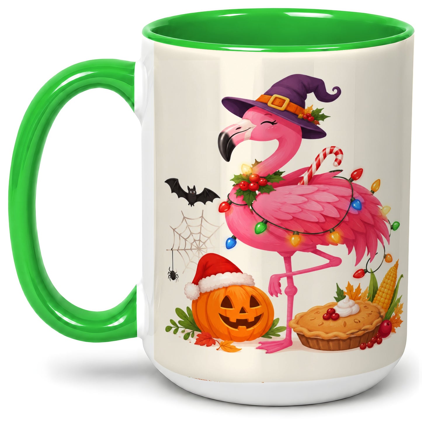#pl[15oz|Green] Festive Flamingo Accent Mug, Mug with Holiday Pumpkin Artwork
