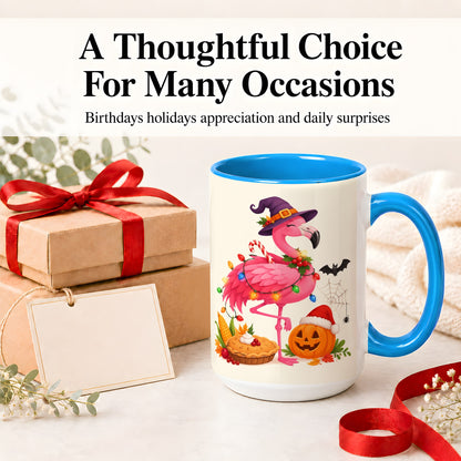 #pl[15oz|Blue] Festive Flamingo Accent Mug, Mug with Holiday Pumpkin Artwork