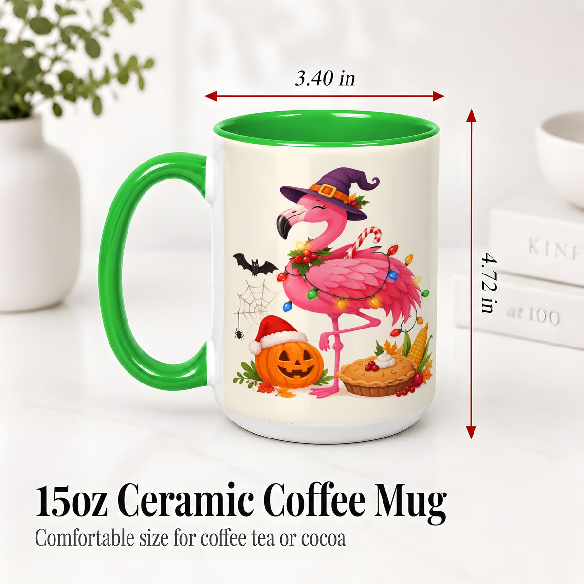 #pl[15oz|Green] Festive Flamingo Accent Mug, Mug with Holiday Pumpkin Artwork