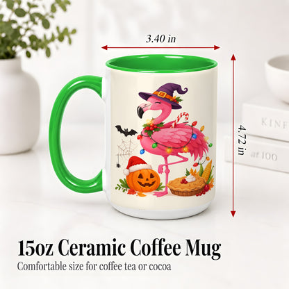#pl[15oz|Green] Festive Flamingo Accent Mug, Mug with Holiday Pumpkin Artwork