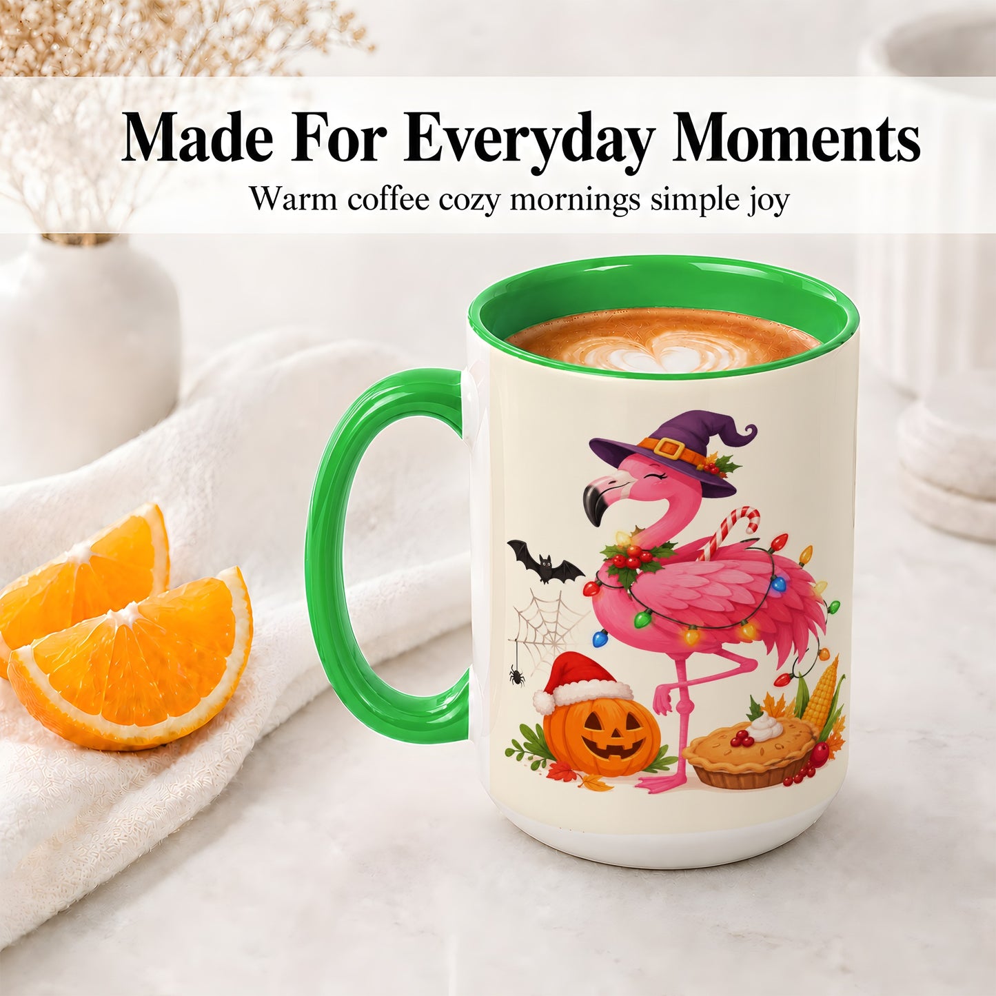 #pl[15oz|Green] Festive Flamingo Accent Mug, Mug with Holiday Pumpkin Artwork