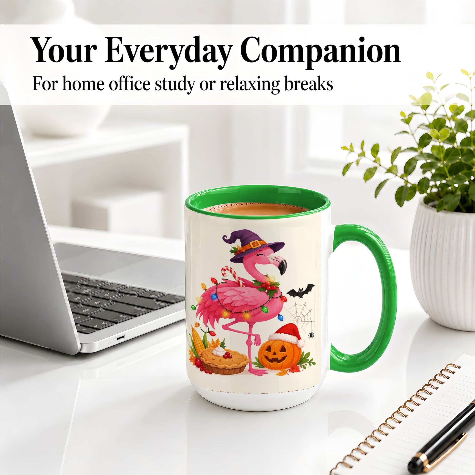 #pl[15oz|Green] Festive Flamingo Accent Mug, Mug with Holiday Pumpkin Artwork