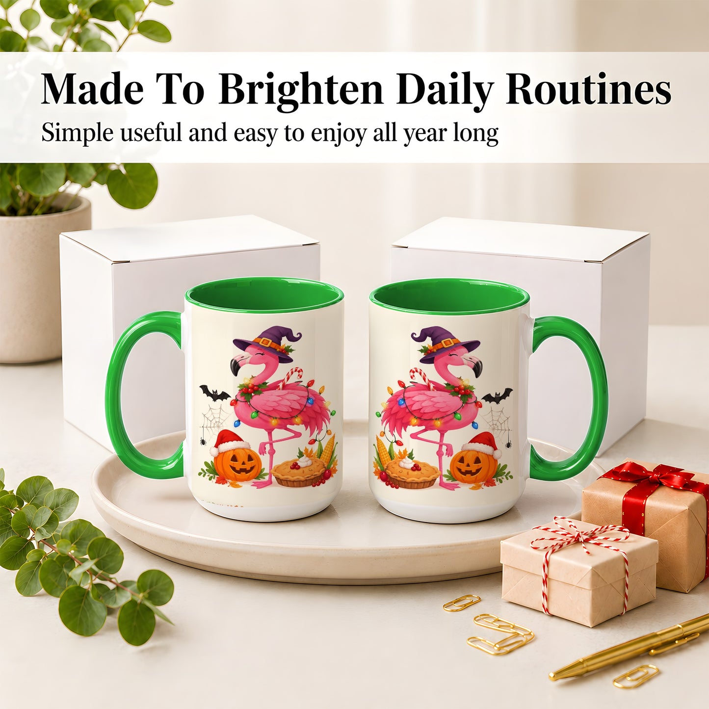 #pl[15oz|Green] Festive Flamingo Accent Mug, Mug with Holiday Pumpkin Artwork
