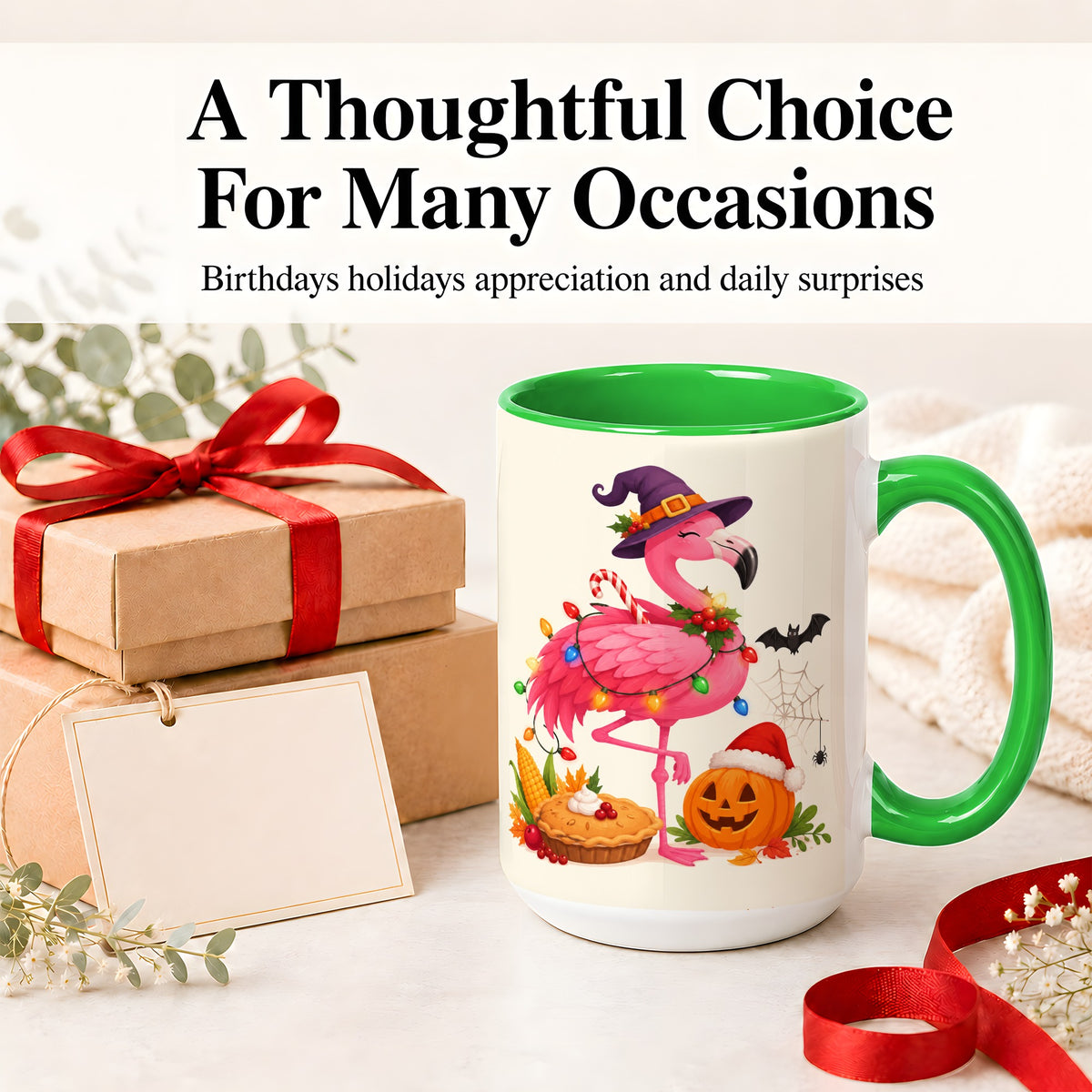#pl[15oz|Green] Festive Flamingo Accent Mug, Mug with Holiday Pumpkin Artwork