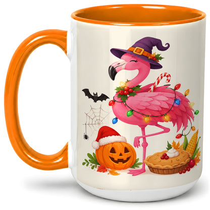 #pl[15oz|Orange] Festive Flamingo Accent Mug, Mug with Holiday Pumpkin Artwork