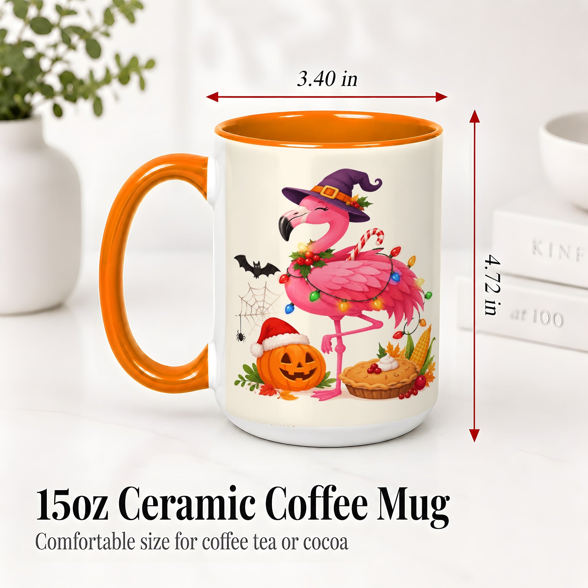 #pl[15oz|Orange] Festive Flamingo Accent Mug, Mug with Holiday Pumpkin Artwork