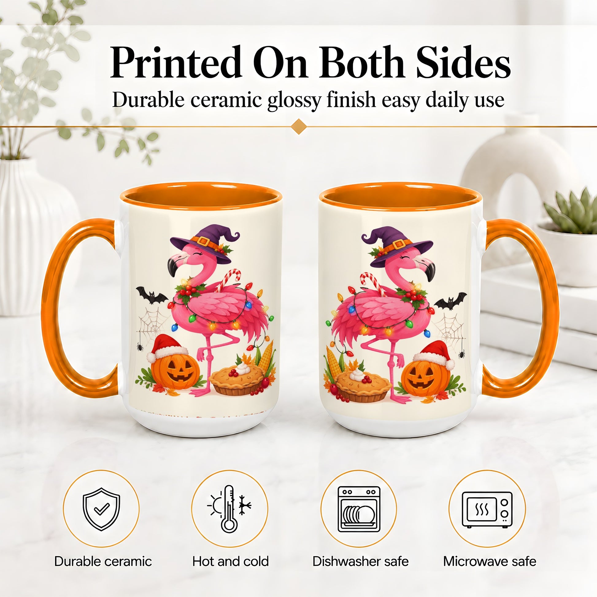 #pl[15oz|Orange] Festive Flamingo Accent Mug, Mug with Holiday Pumpkin Artwork
