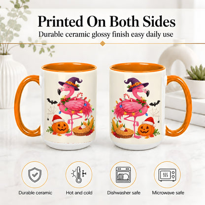 #pl[15oz|Orange] Festive Flamingo Accent Mug, Mug with Holiday Pumpkin Artwork