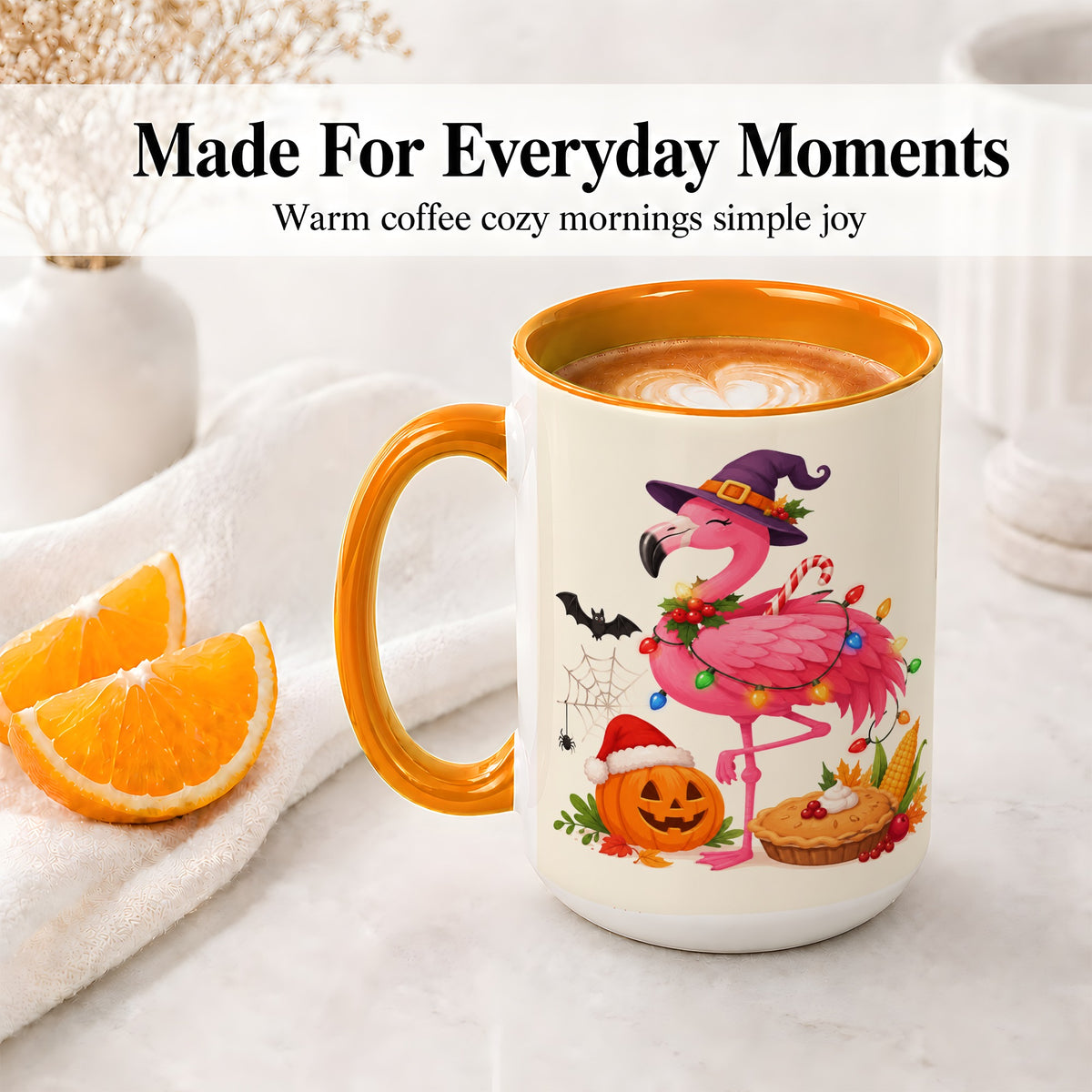 #pl[15oz|Orange] Festive Flamingo Accent Mug, Mug with Holiday Pumpkin Artwork