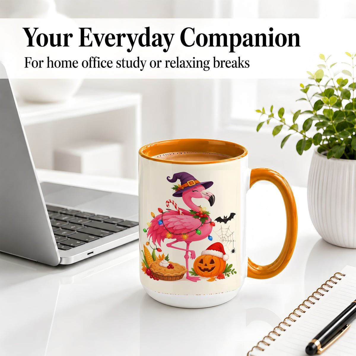 #pl[15oz|Orange] Festive Flamingo Accent Mug, Mug with Holiday Pumpkin Artwork