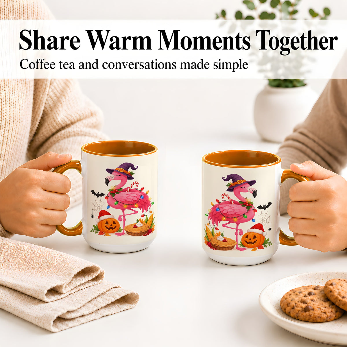 #pl[15oz|Orange] Festive Flamingo Accent Mug, Mug with Holiday Pumpkin Artwork