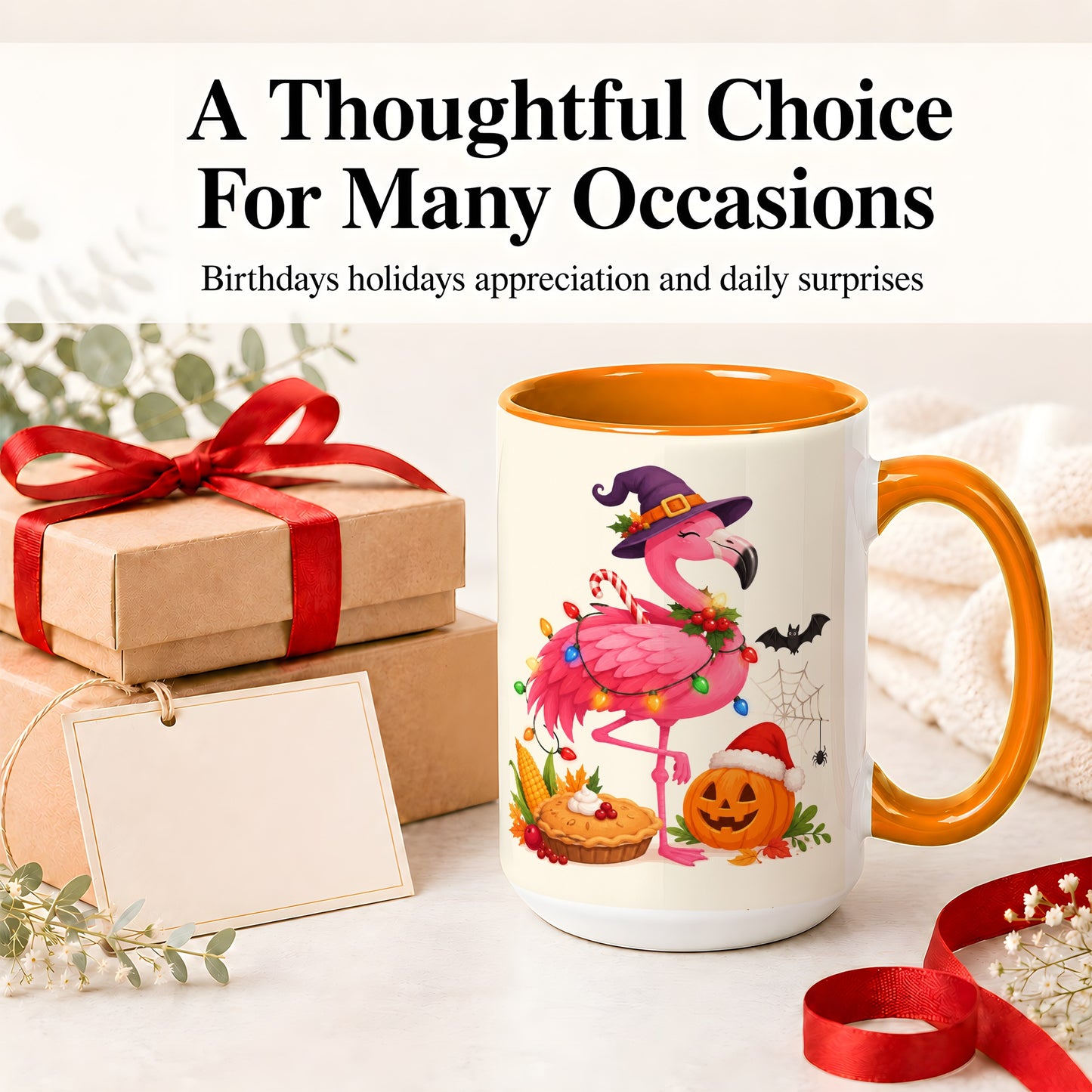 #pl[15oz|Orange] Festive Flamingo Accent Mug, Mug with Holiday Pumpkin Artwork