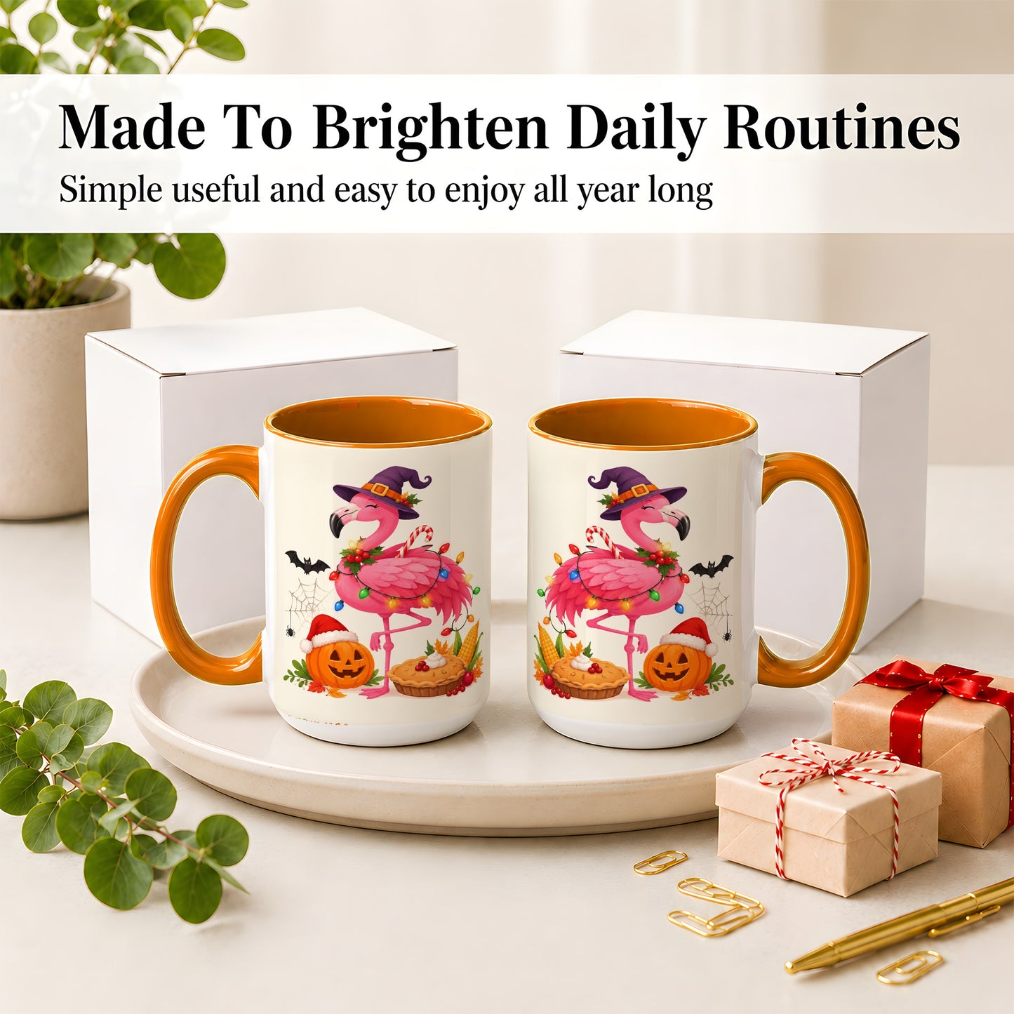 #pl[15oz|Orange] Festive Flamingo Accent Mug, Mug with Holiday Pumpkin Artwork
