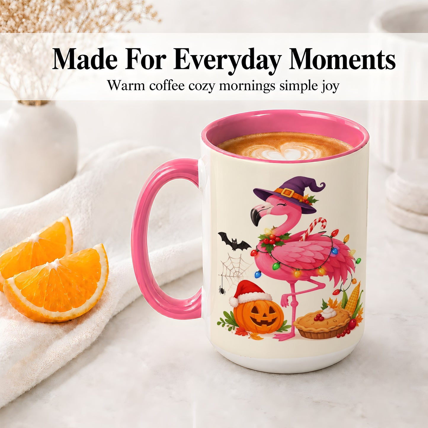 #pl[15oz|Pink] Festive Flamingo Accent Mug, Mug with Holiday Pumpkin Artwork