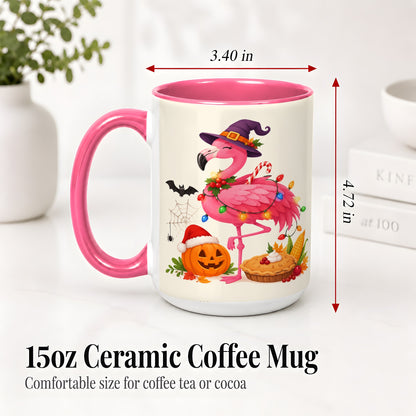 #pl[15oz|Pink] Festive Flamingo Accent Mug, Mug with Holiday Pumpkin Artwork
