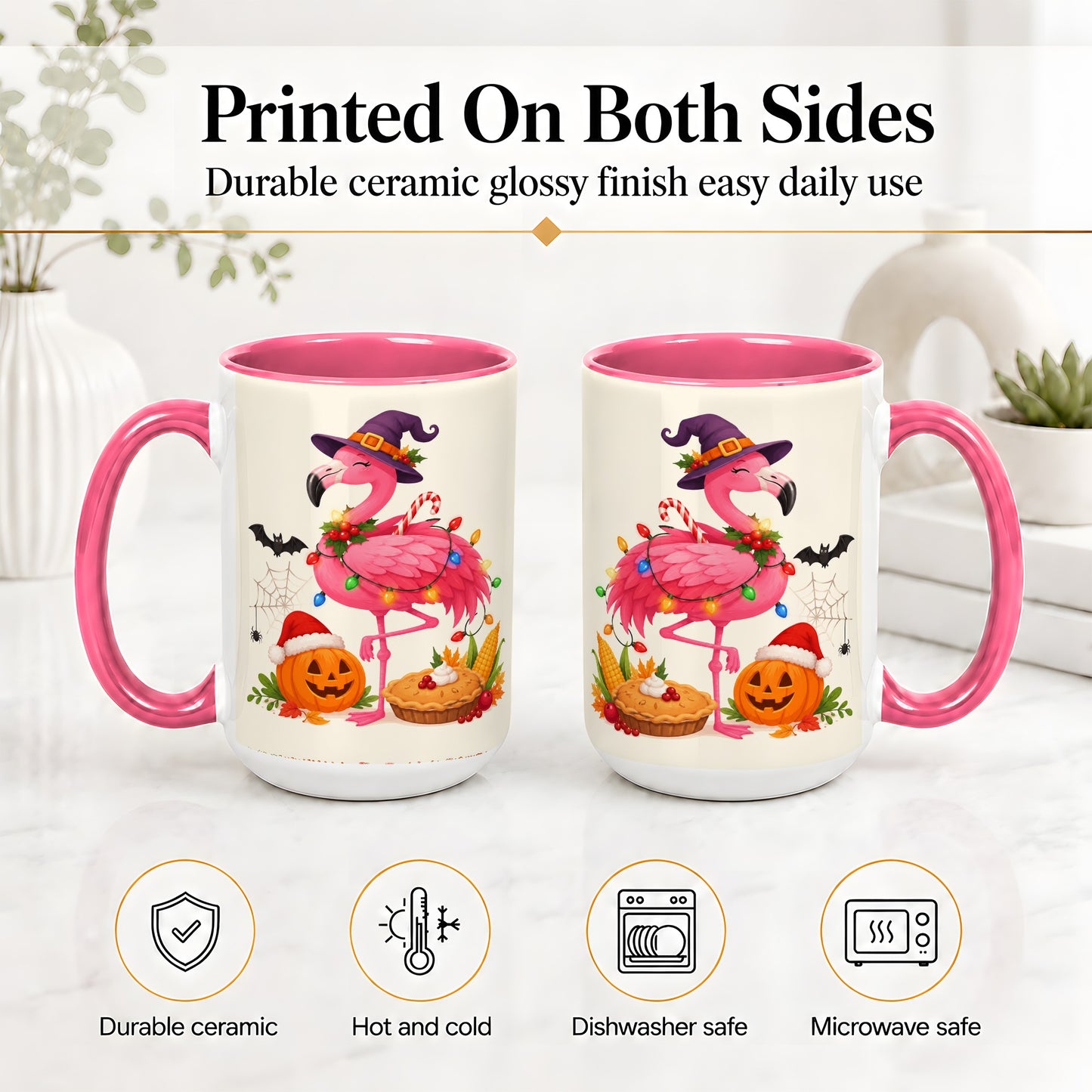 #pl[15oz|Pink] Festive Flamingo Accent Mug, Mug with Holiday Pumpkin Artwork