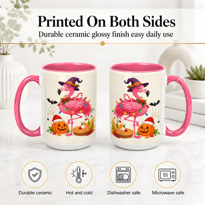 #pl[15oz|Pink] Festive Flamingo Accent Mug, Mug with Holiday Pumpkin Artwork