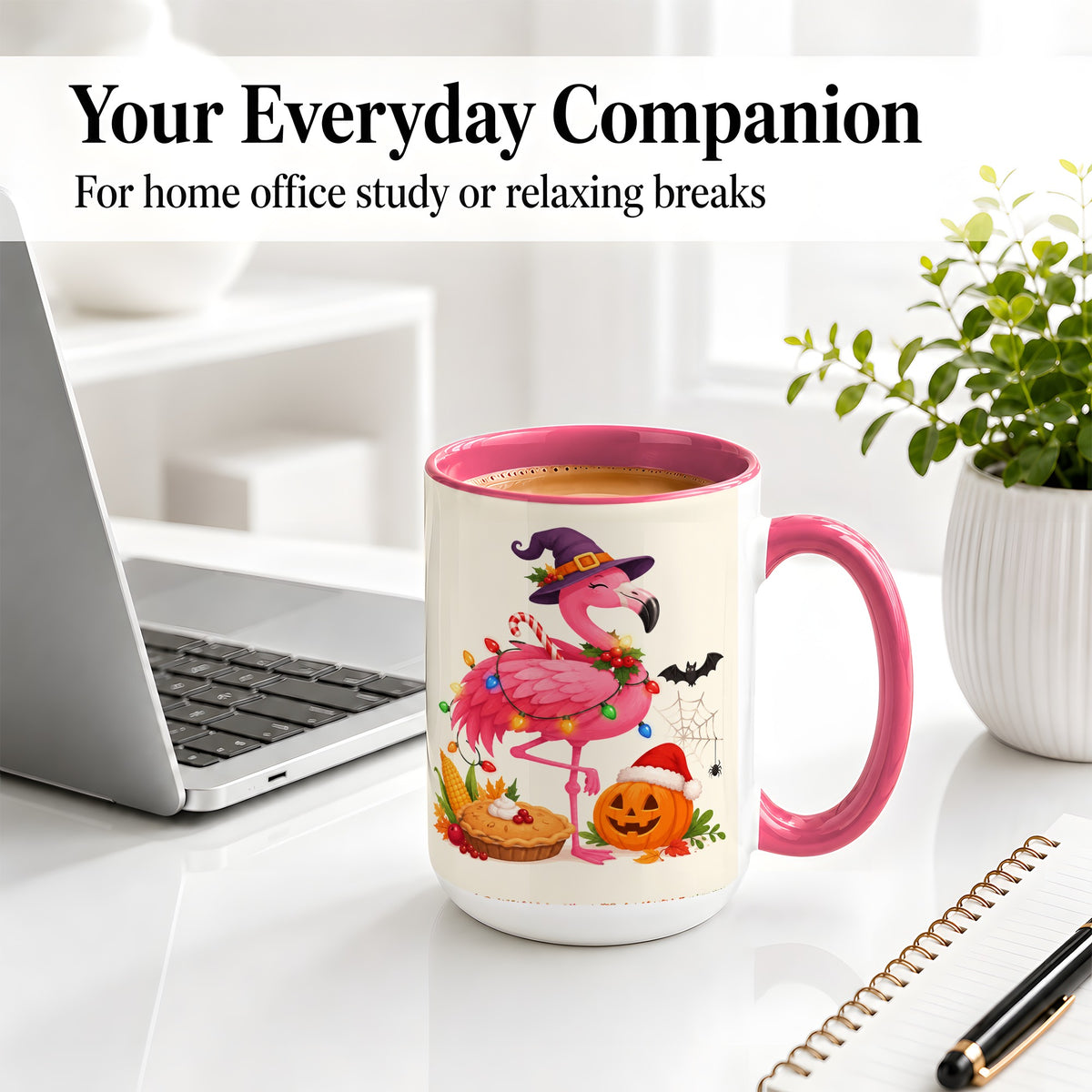 #pl[15oz|Pink] Festive Flamingo Accent Mug, Mug with Holiday Pumpkin Artwork