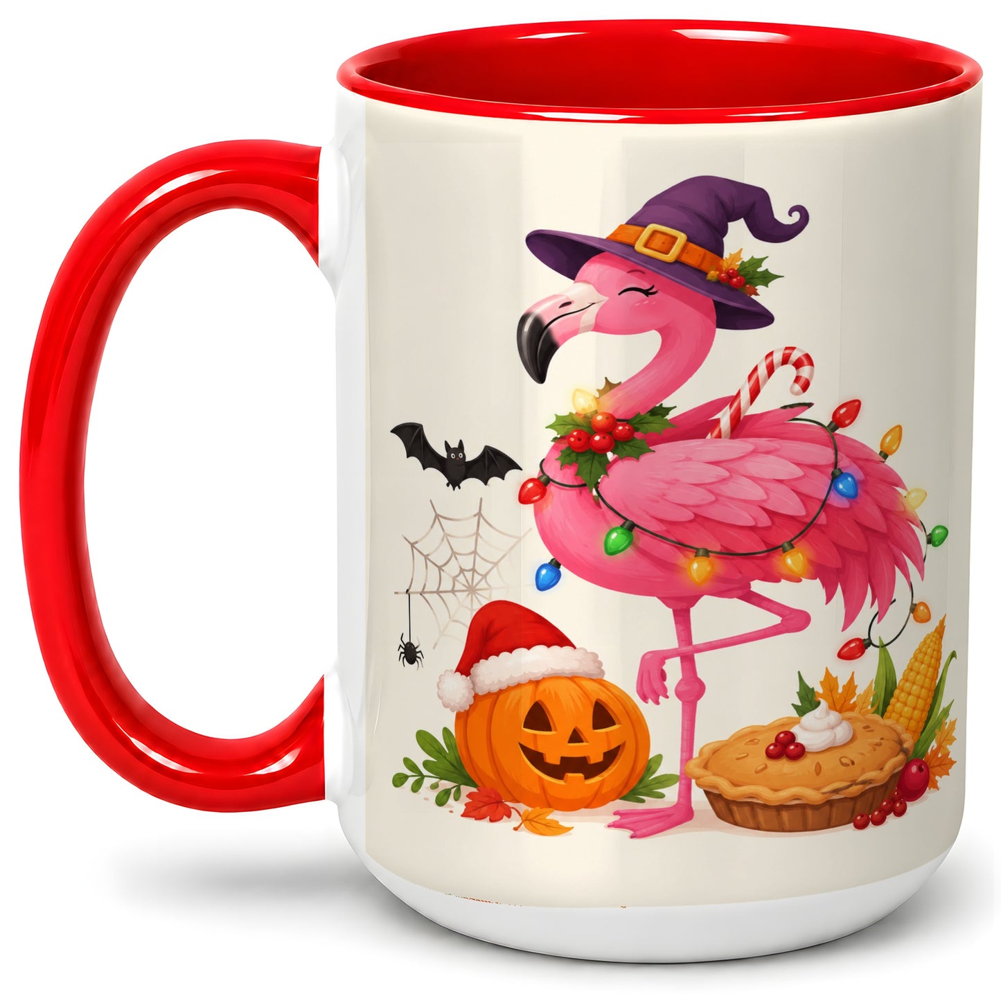 #pl[15oz|Red] Festive Flamingo Accent Mug, Mug with Holiday Pumpkin Artwork